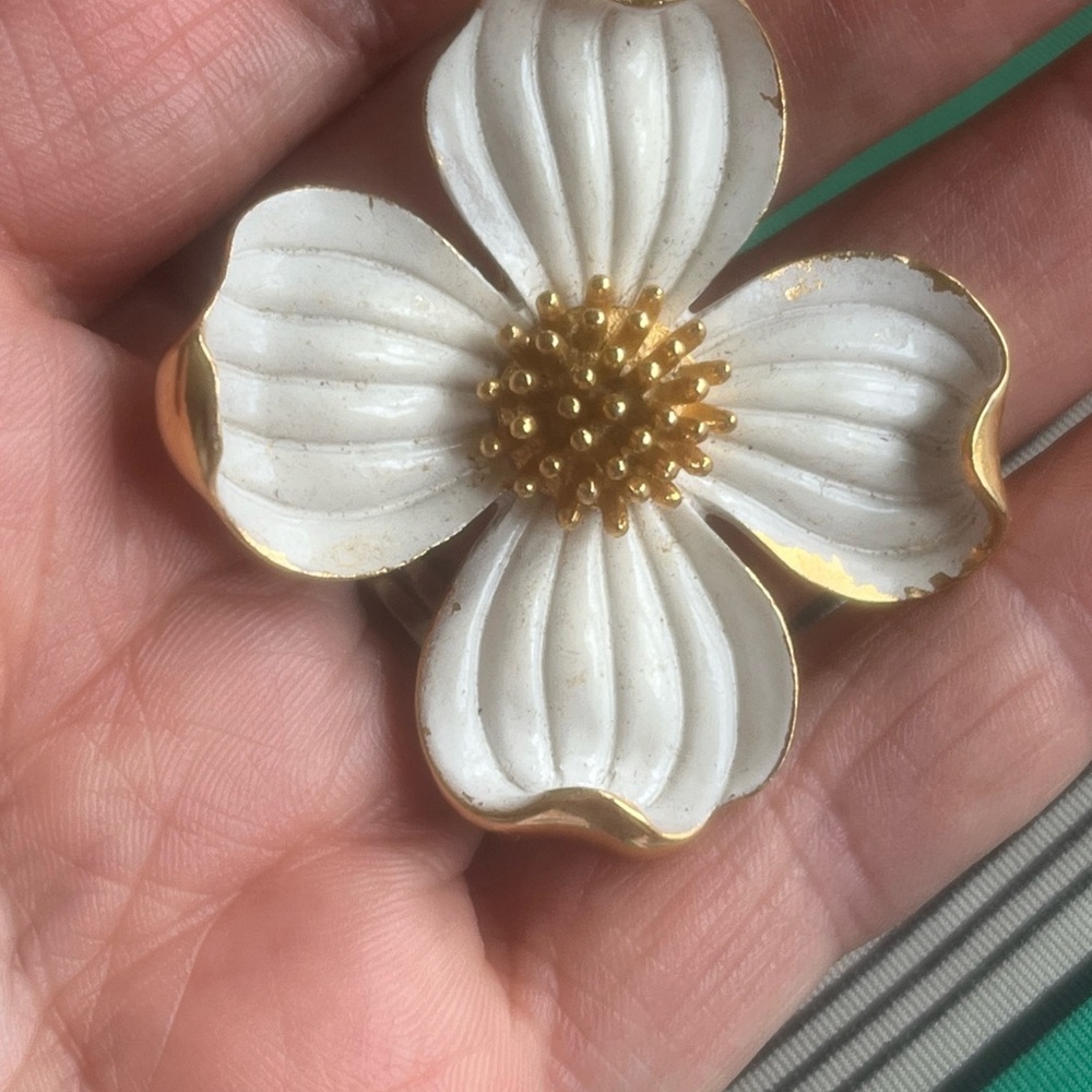 Trifari Gold and White Dogwood Brooch